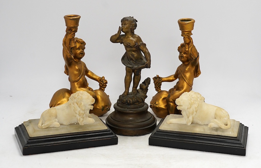 A group of mostly metalware, Victorian and later, including a pair of alabaster lions, resin cherubs, a cast metal tazza, a pair of cast candlesticks, etc. Condition - poor to fair